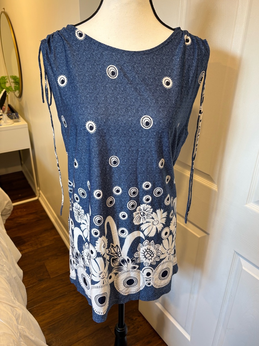 🍒Red Coral Navy Blue White Floral Border Print Tunic Top XXL 3/$25
